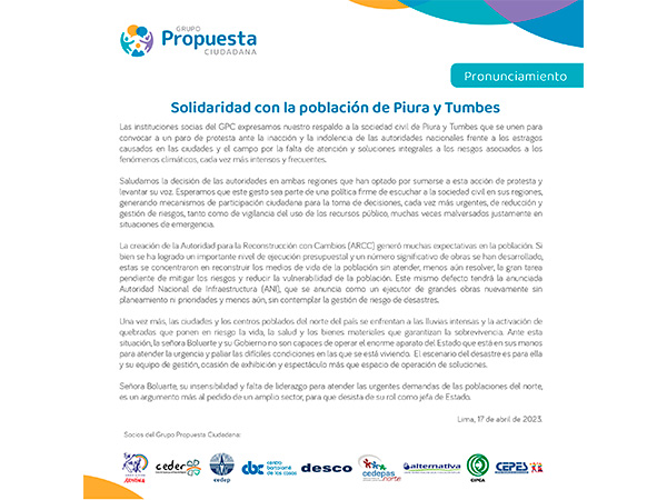 Pronunciamiento Solidaridad con la población de Piura y Tumbes